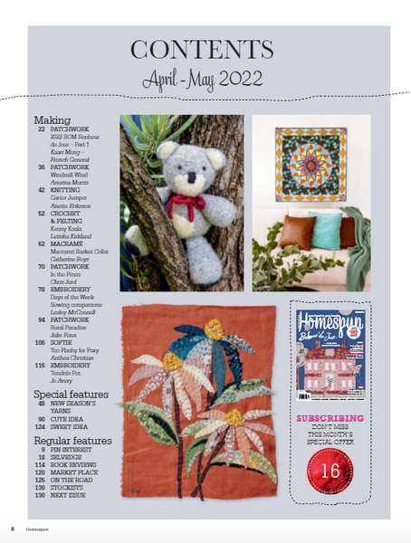 Australian Homespun is the quintessential crafter’s magazine. Bursting with inspiring and informative projects, these pages are full of projects from patchwork, appliqué, embroidery and stitchery title.