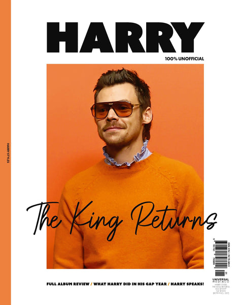 Magazine Cover with a picture of Harry Styles in an orange sweater and text saying 'The King Returns'
